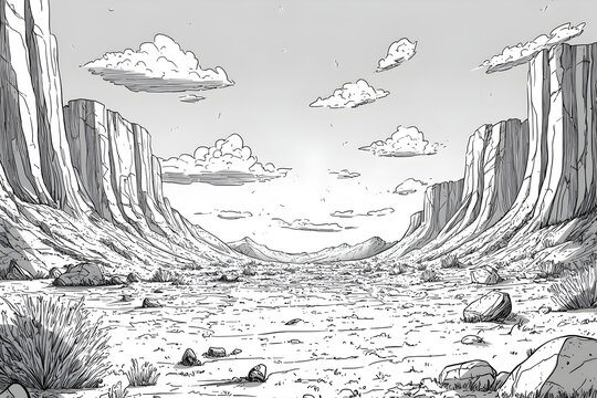 Desert Landscape: Monochrome Sketch of Rocky Mountains, Dry Valley, and Clouds in Arid Wilderness - An Artistic Illustration of Peaceful, Remote Nature Features and Vastness