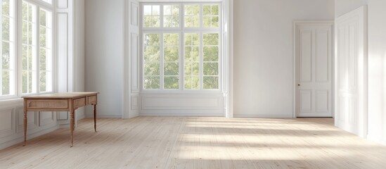Fototapeta premium Bright Room Interior Design: Sunlit Wooden Floor, Elegant Desk, and Large Windows