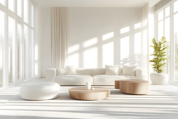 Minimal white modern living room with stylish furniture and large window 
