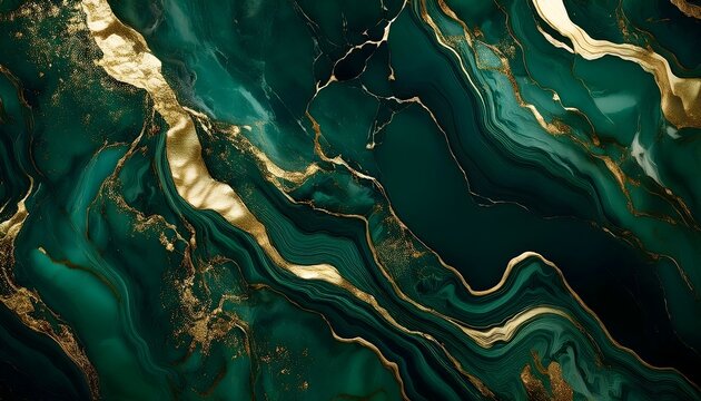 Abstract deep dark-green marble texture with gold splashes, emerald luxury background