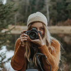 A young woman with a camera smiles while taking photos outdoors in nature, enjoying her surroundings.