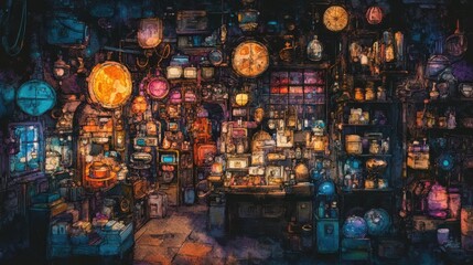 A cluttered antique shop filled with clocks and various objects