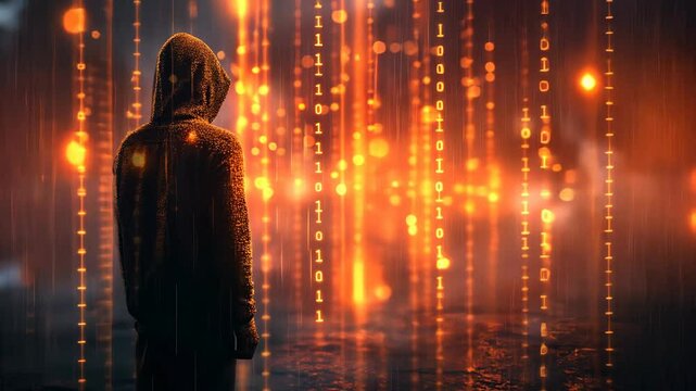 Hooded Hacker in the Shadows with Digital Rain of Binary Code Representing Cybersecurity, Data Breach, and Online Threats