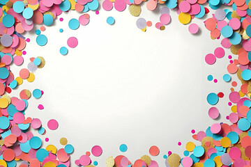 A playful background frame made of colorful confetti and repeating patterns, perfect for birthday party invitations or decorations.