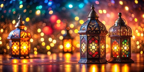 Obraz premium Ramadan Double Exposure: Intricate Lantern & Festive Lights Close-up