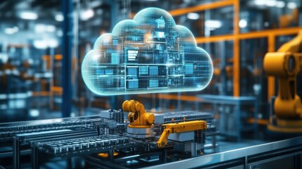 Robotic arms using cloud computing to control innovative production line in a modern factory, symbolizing the integration of digital technology and automation