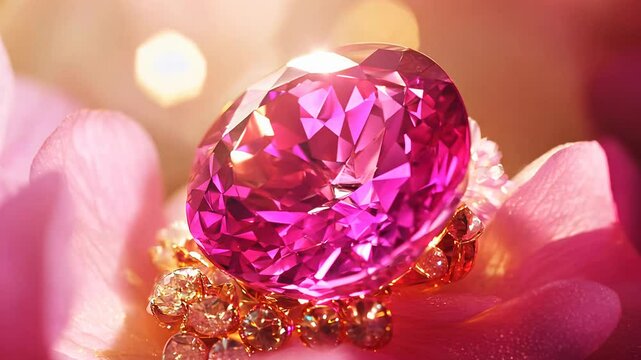 Close up view of a vibrant pink tourmaline gemstone, oval shaped, set in a gold ring with smaller diamonds, resting on soft pink petals. Warm, soft lighting