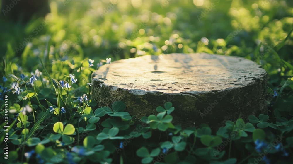 Poster a stone podium rests in a lush green field during spring, surrounded by blooming flowers and soft fo
