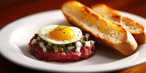 Kobe beef tartare with quail egg and toast on white plate