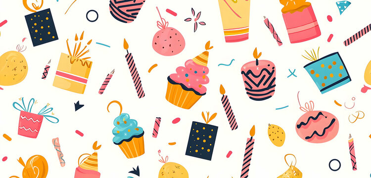 A seamless horizontal vector pattern featuring various birthday elements, creating an exciting and festive theme for any occasion.