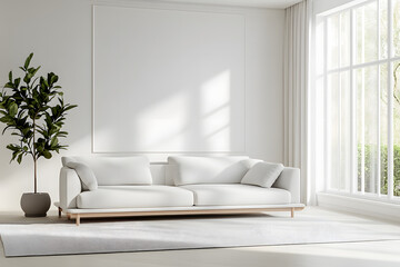 Modern living room with a big white sofa and stylish furniture, window, minimal , white room