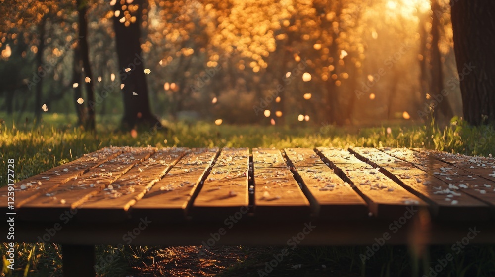 Poster a wooden podium sits on a grassy area, surrounded by trees adorned with blossoms. sunlight streams t