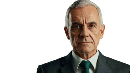 Serious senior businessman making eye contact on transparent background