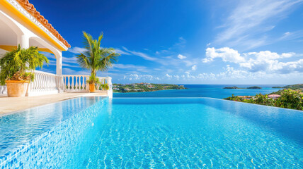 Obraz premium Luxurious villa by ocean with infinity pool and stunning view