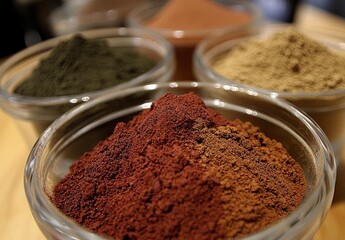 Colorful Assortment of Ground Spices in Clear Glass Bowls