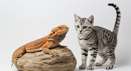 Naklejka premium Curious Cat and Bearded Dragon on Rock Pet Reptile and Feline Friends