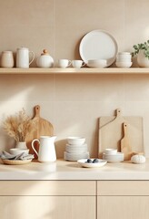 Obraz premium Minimalist beige kitchen shelf with white ceramic dishes, wooden cutting boards and neutral decor elements. Modern scandinavian interior design with copy space for text