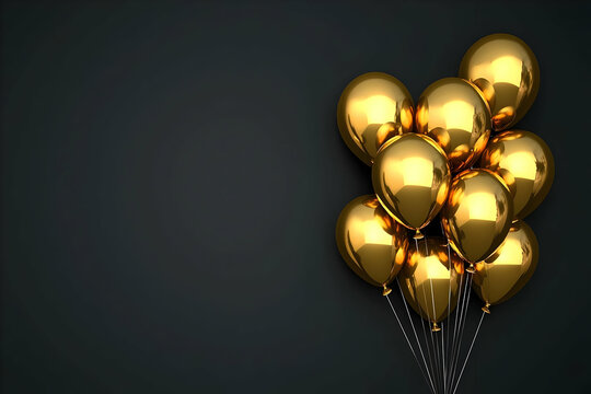 A striking birthday background featuring a bunch of shiny gold balloons against a sleek black backdrop, conveying elegance and festivity.