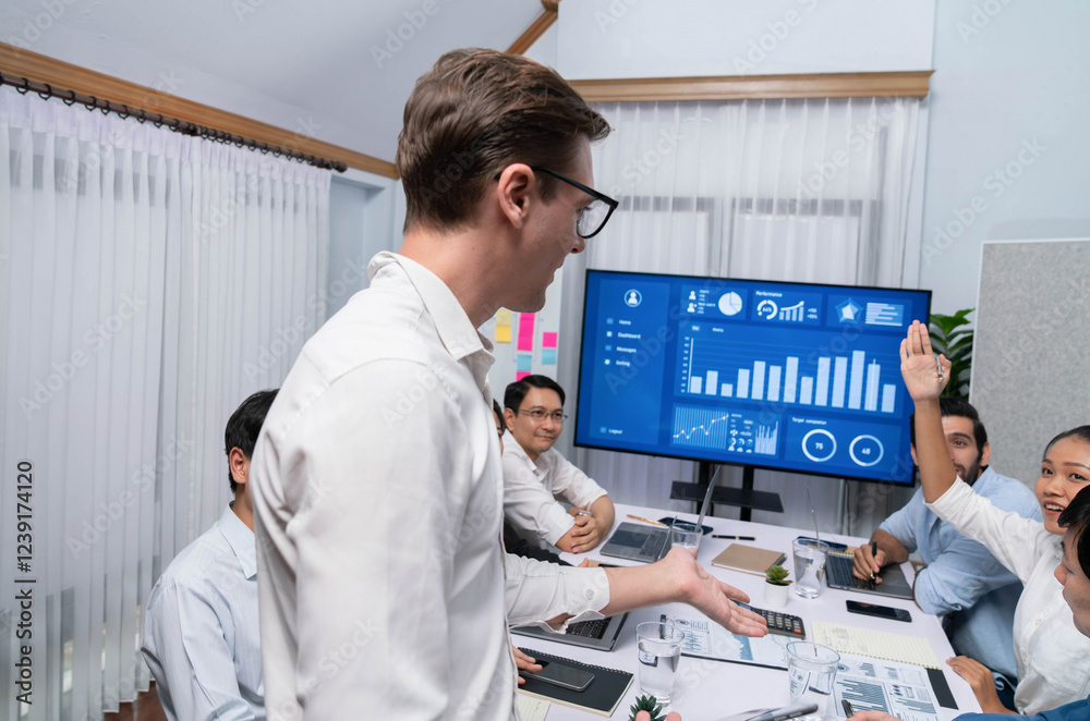 Fototapete presentation in office or meeting room with analyst team utilizing bi fintech to analyze financial d