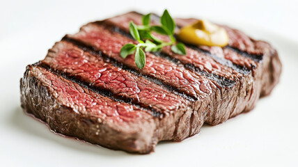 juicy grilled steak garnished with herbs and mustard