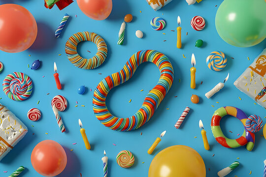 A top view of a birthday celebration scene featuring colorful serpentine, balloons, candles, and candies against a blue backdrop.
