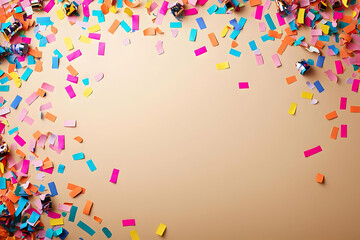 A top-down view of colorful confetti scattered on a beige background, perfect for framing birthday wishes and invitations.