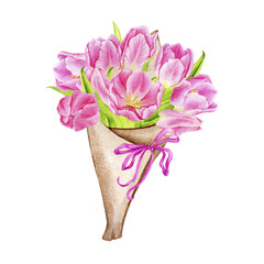 Bouquet of pink watercolor tulips with ribbon. Composition for cards, posters, invitations. Spring, Mother's Day, Easter, Women's Day, Birthday. Hand drawn illustration isolated on transparent backgro