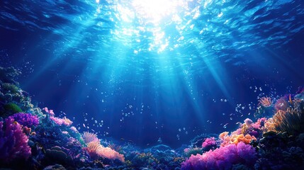 Fototapeta premium Vibrant Underwater Scene with Colorful Coral and Sunlight Rays