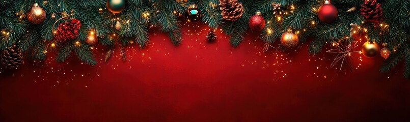 Christmas Fir Branches with Gingerbread Cookies and Twinkling Lights on Red Background