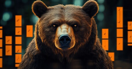 Fierce Bear Observing Falling Stock Market Financial Charts during Bear Market