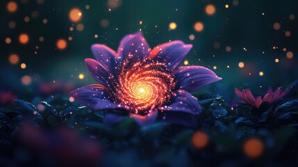 Fototapeta premium Magical Flower with Swirling Galaxy Light in Serene Garden Setting