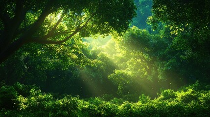 Sunlight Filtering Through Lush Green Forest Canopy in Nature