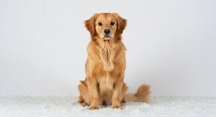 Adorable Golden Retriever Puppy Sitting on White Fur Studio Shot