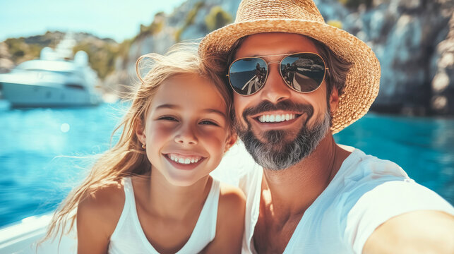 Smiling father and daughter on a luxury yacht trip, enjoying a sunny coastal adventure. Concept of family bonding, travel, and summer joy