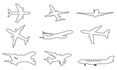 Plane outline icon set. Airplane silhouettes.  outline 