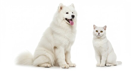 Adorable Samoyed Dog and White British Shorthair Cat Sitting Together