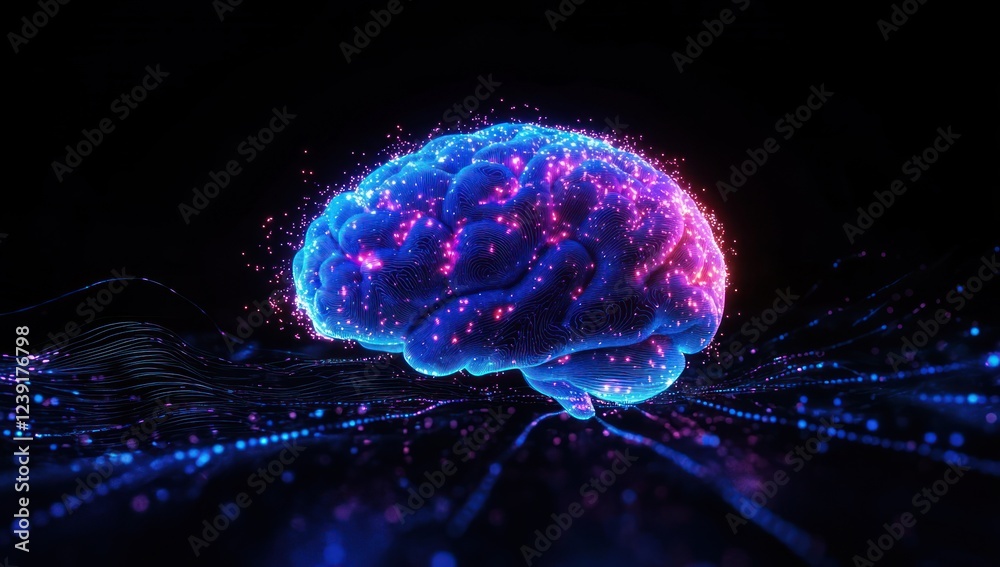 Poster Futuristic Brain Technology Hologram Digital Interface Neural Network Deep Learning AI Innovation