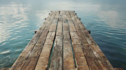 Fototapeta premium Wooden pier going into calm water. Use as background for meditation apps, travel websites and outdoor holiday ads.