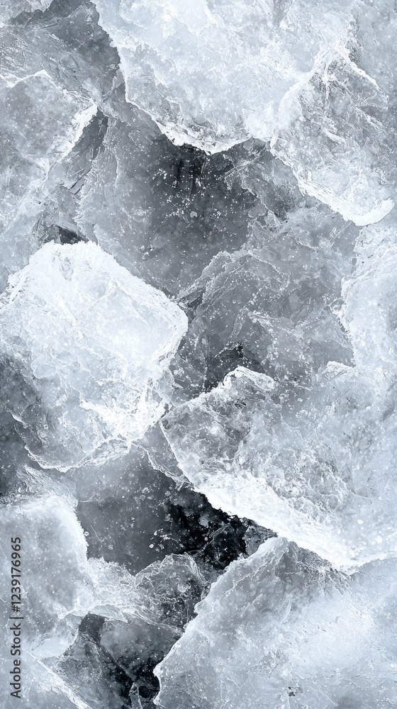 Poster Chilled shards of ice intersperse with dark spaces, reflecting soft light and casting delicate shadows. The textures and shapes invite a sense of calm and coolness, evoking winter’s embrace