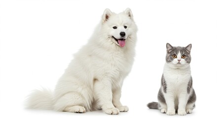 Fluffy Samoyed Dog and British Shorthair Cat Studio Shot