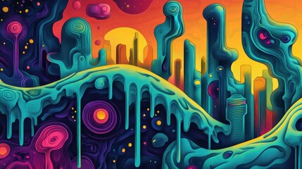 Obraz premium Psychedelic Cityscape Melting Landscape Dreamlike Art