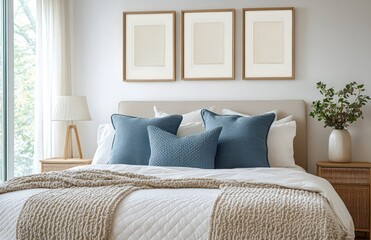 Scandinavian Bedroom Interior with Textured Linens and Blue Accent Pillows