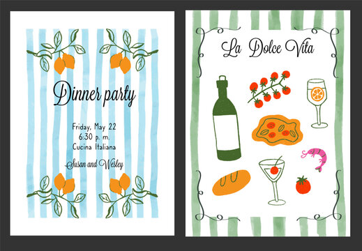 Hand draw la dolce vita breakfast doodles. Posters with colorful food crayon drawing style. Minimalist line art. Flier for invitations, menus design