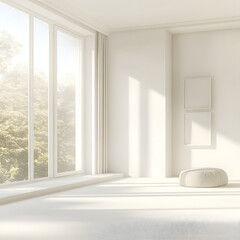 Empty room with a window showing a view of the sky and light coming through, featuring wooden floors and simple interior design