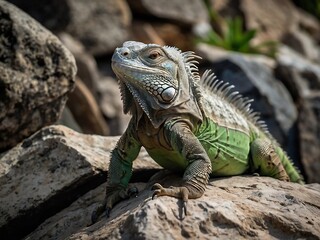 Fototapeta premium Close-Up Portrait of a Sunbathing Green Iguana in its Natural Tropical Habitat