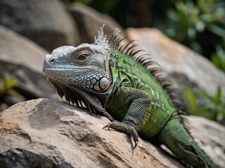 Close-up Portrait of a Green Iguana Resting on Rocks in a Tropical Wildlife Habitat