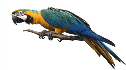 Fototapeta premium Blue-and-gold macaw perched on branch, isolated on white, for pet or wildlife websites