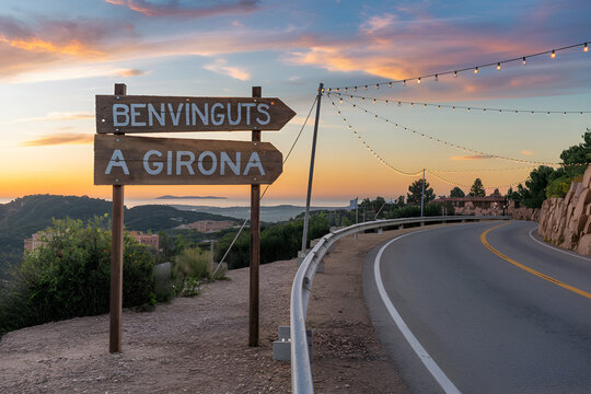 Benvinguts a Girona &ndash; Wooden Road Sign, Spain