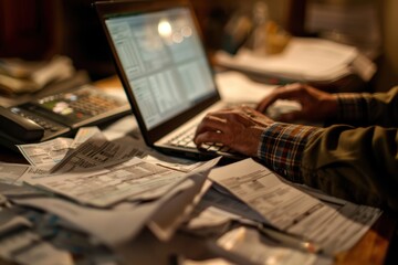 Accountant Managing Finances with Tax Software Surrounded by Invoices and Receipts