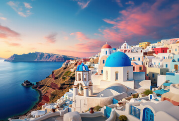 Fototapeta premium Stunning view of Santorini with blue domes, white buildings, and sunset